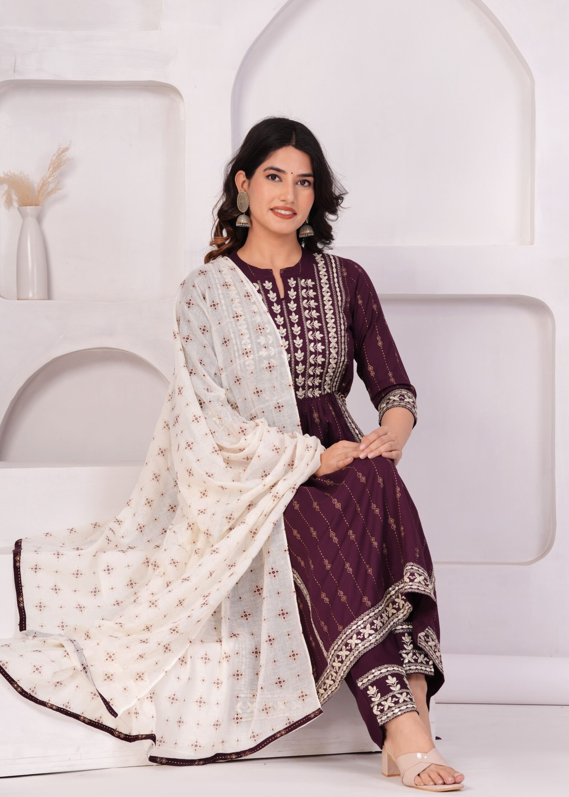 Maroon Rayon Printed Embroidered Anarkali Kurta Pant with Dupatta Set