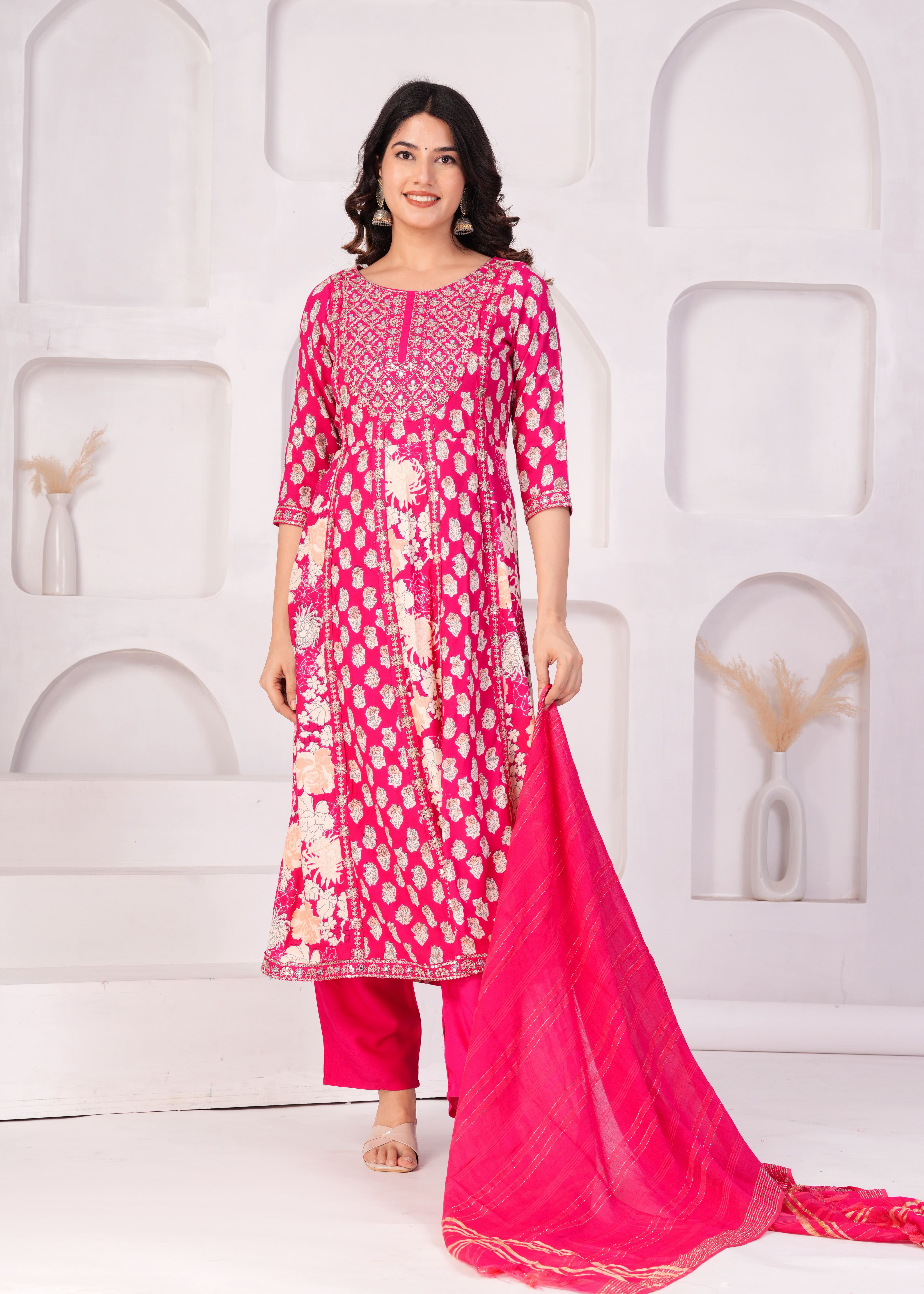 Floral Printed Regular Thread Work Kurta with Palazzos & With Dupatta