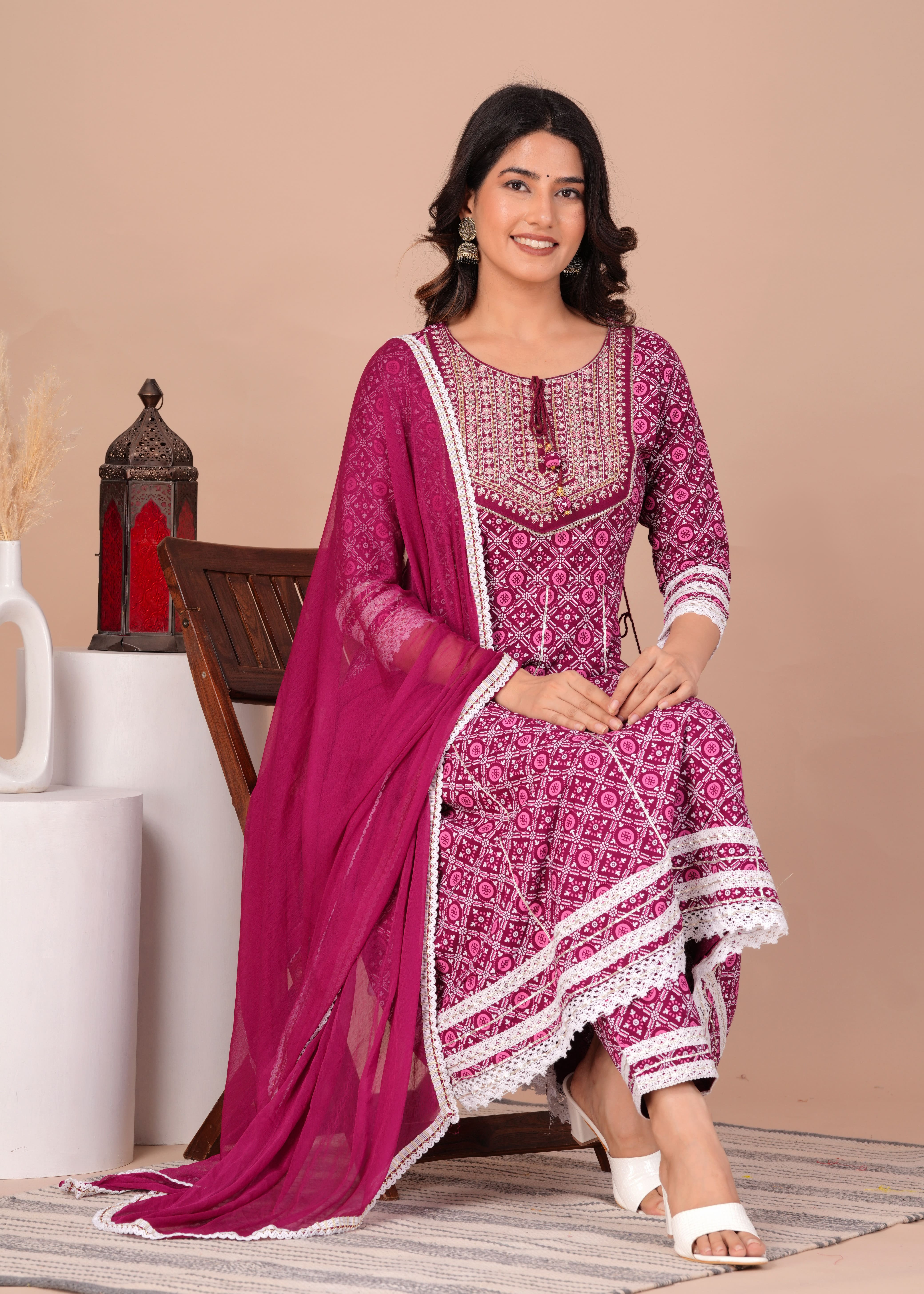 Ethnic Motifs Printed Regular Anarkali Kurta & Palazzos With Dupatta