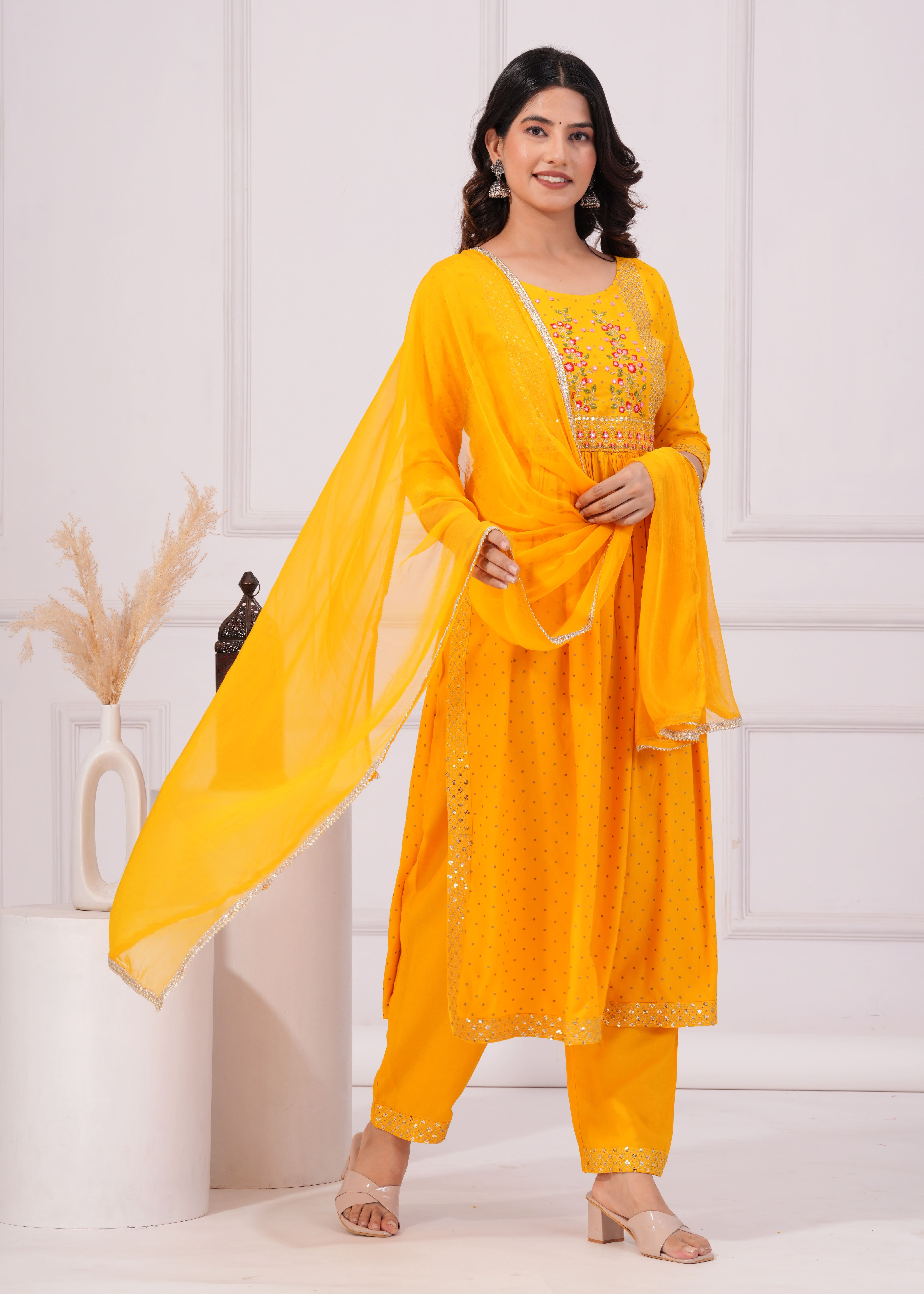 Floral Embroidered Regular Kurta with Trousers & Dupatta