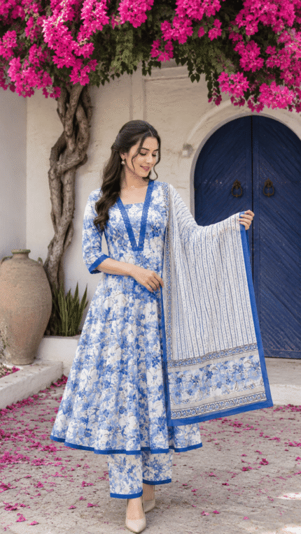 Women’s Blue Floral Printed Cotton Suit Set with Dupatta