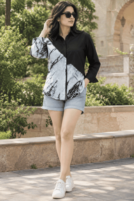 Women's Black & White Printed Rayon Full Sleeve Shirt