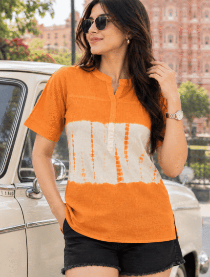 Women's Orange & White Printed Rayon Short Sleeve Top