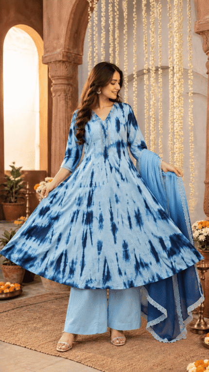 Women’s Sky Blue Rayon Tie-Dye Suit Set with Dupatta