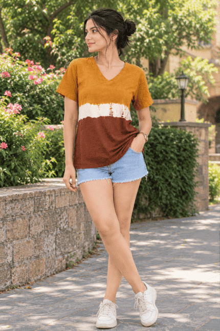Women's Mustard Brown Color Block Rayon V-Neck T-Shirt