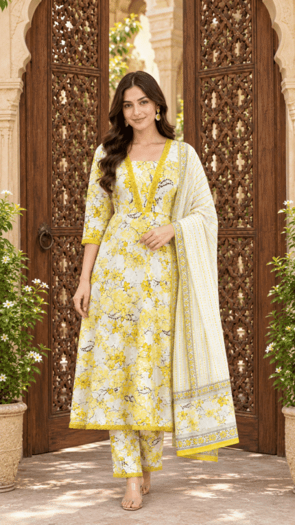 Women’s Yellow Floral Printed Cotton Suit Set with Dupatta